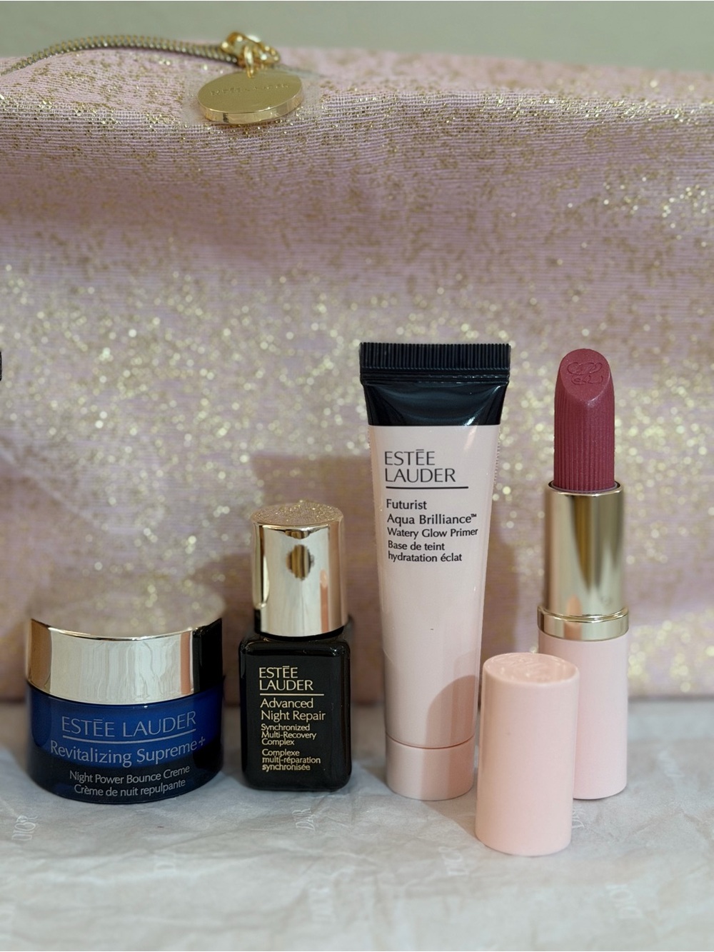 Estee Lauder Pink Glitter Cosmetic Pouch with Skincare & Lipstick - Picture 7 of 12